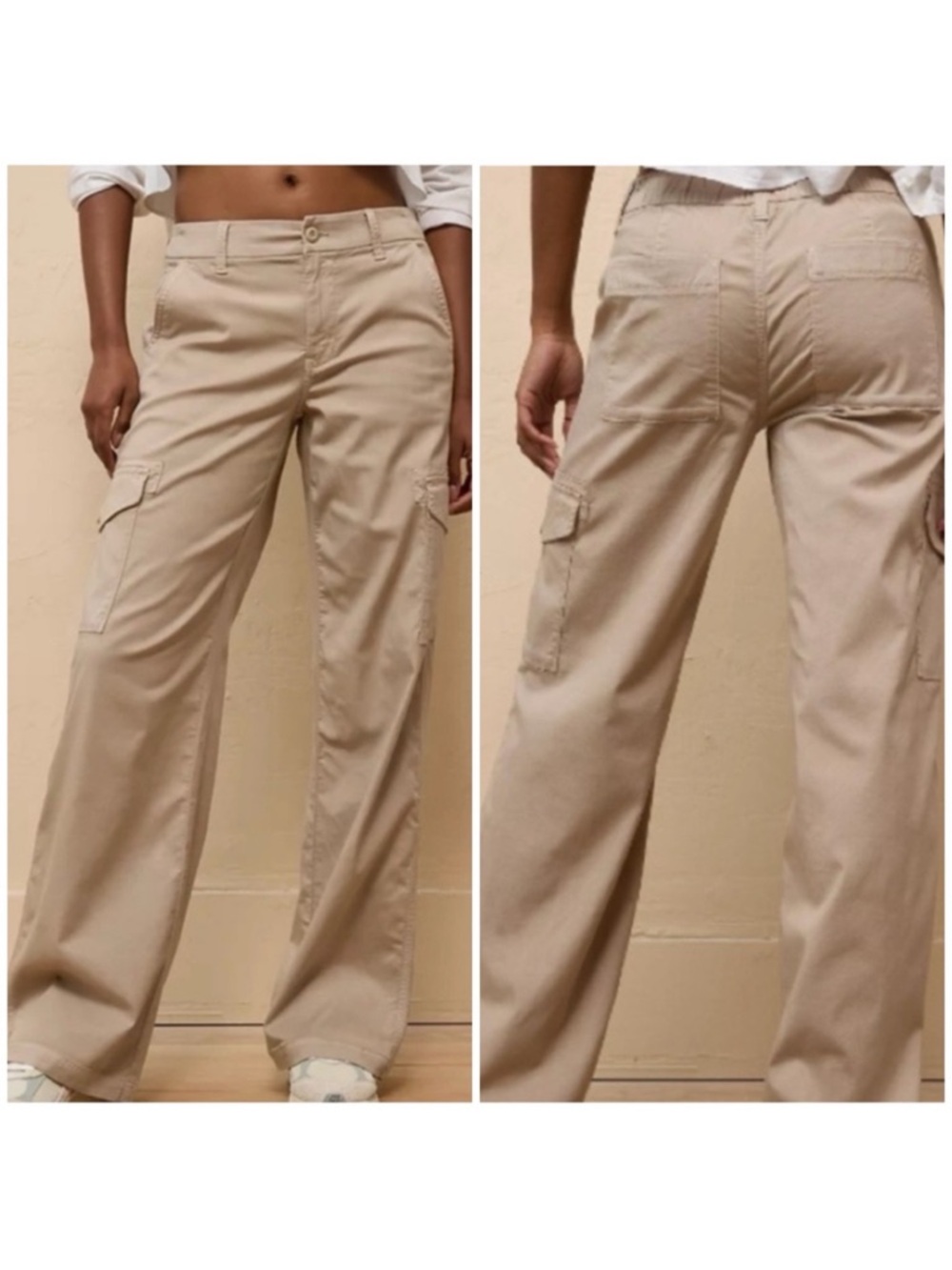American Eagle Dreamy Drape Mid Rise Baggy Wide Leg Stretch Cargo Pants in Beige